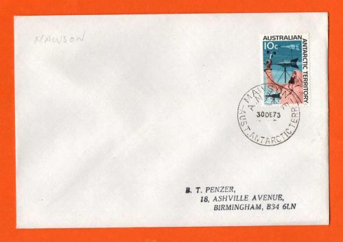 Australian Antarctic Territory - 10c Wind Gauges Stamp from 1966 - `Mawson A.N.A.R.E 30 DE 73 Aust.Antarctic Terr` Postmark
